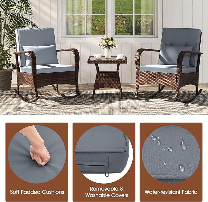 ORALNER 3 Pieces Patio Furniture Set, Outdoor Wicker Rocking Chairs with Cushions, Pillows, Glass Coffee Table, Rattan Bistro Rocker Set for Balcony Front Porch Poolside Garden Deck Yard (Grey)