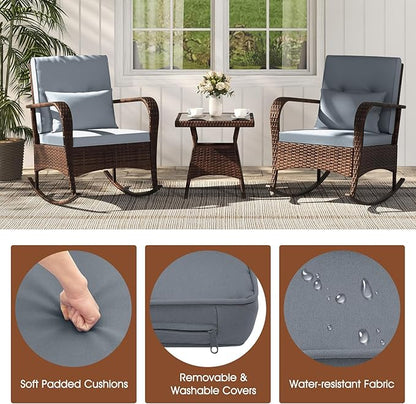 ORALNER 3 Pieces Patio Furniture Set, Outdoor Wicker Rocking Chairs with Cushions, Pillows, Glass Coffee Table, Rattan Bistro Rocker Set for Balcony Front Porch Poolside Garden Deck Yard (Grey)