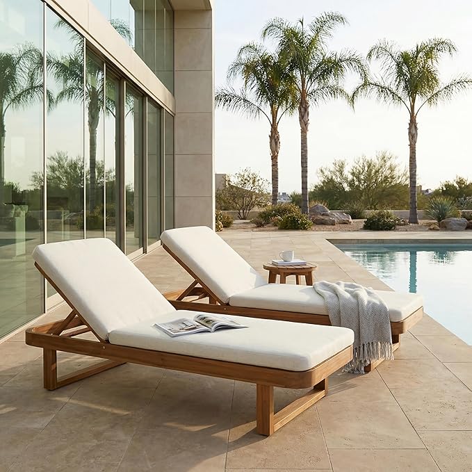 Christopher Knight Home Milos Acacia Wood Chaise Lounge Chair Outdoor Set of 2, Wooden Sunbathing Pool Lounger, Patio Outdoor Chaise Lounge with Cushions, Adjustable Backrest Lounge Sofa, Sand+Teak