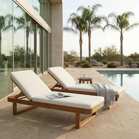 Christopher Knight Home Milos Acacia Wood Chaise Lounge Chair Outdoor Set of 2, Wooden Sunbathing Pool Lounger, Patio Outdoor Chaise Lounge with Cushions, Adjustable Backrest Lounge Sofa, Sand+Teak