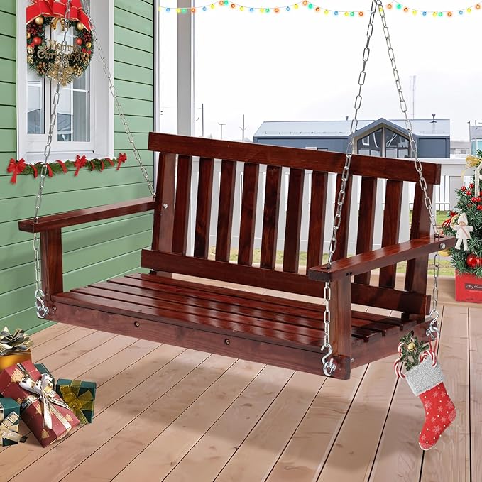 Wooden Porch Swings Outdoor Bench Swing 48inch, 2 Person Seating Hanging Porch Swing Solid Wood Patio Bench for Garden - Photo 8