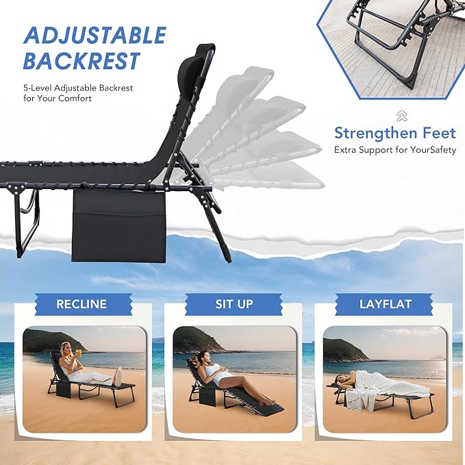 Flamaker Foldable Chaise Lounge Chair 5-Position Adjustable, Tanning Chair with Side Pocket, Outdoor Sunbathing for Pool - Photo 6