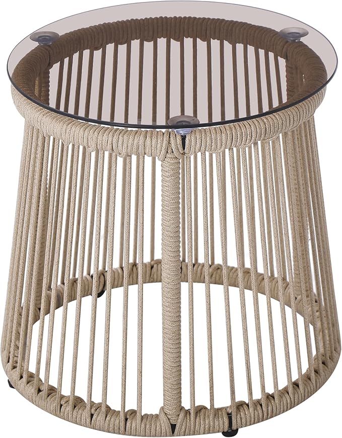 Christopher Knight Home Desna Coffee Table, Patio Glass Round End Table, Outdoor Side Table, Modern/Tropical Patio Accent Piece for Garden/Balcony, Iron Frame + Handwoven Rope Accent, Light Brown