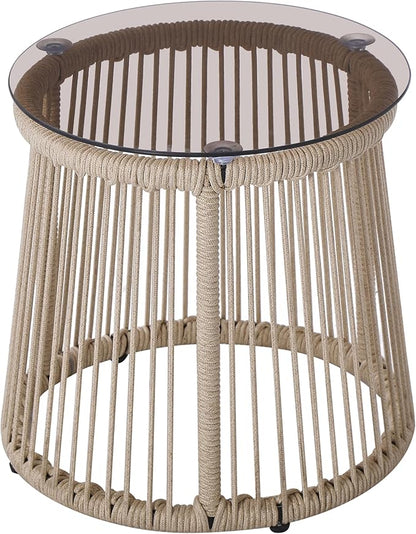 Christopher Knight Home Desna Coffee Table, Patio Glass Round End Table, Outdoor Side Table, Modern/Tropical Patio Accent Piece for Garden/Balcony, Iron Frame + Handwoven Rope Accent, Light Brown