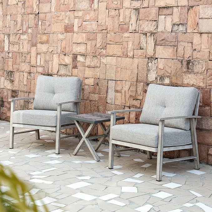 Aluminum Patio Furniture Set, 3 Pieces Outdoor Patio Bistro Set with Washable Thick Cushions, All Weather Patio Conversation Set with Coffee Table for Porch, Balcony, Lawn, White Oak