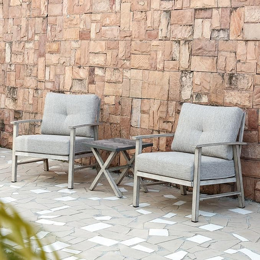 Aluminum Patio Furniture Set, 3 Pieces Outdoor Patio Bistro Set with Washable Thick Cushions, All Weather Patio Conversation Set with Coffee Table for Porch, Balcony, Lawn, White Oak
