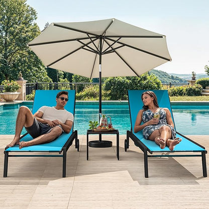 DWVO Outdoor Chaise Lounge Set, 2 Patio Chaise Lounge Chairs with Side Table, Textile Pool Loungers with 5-Level Backrest and Wheels for Beach, Lawn, Porch, Garden (Blue)