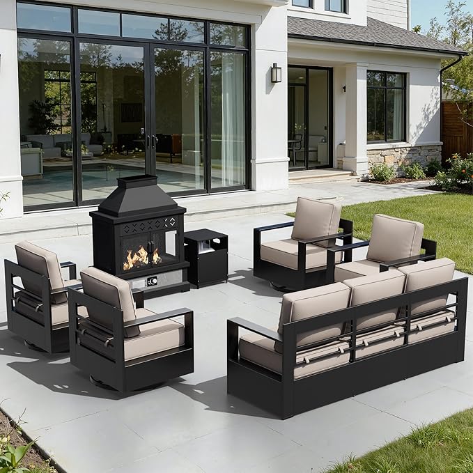 Outdoor Aluminum Furniture Set, 5-Piece Patio Conversation Set, 4 Swivel Chairs, 1 Sofa and 1 Fireplace - Photo 1