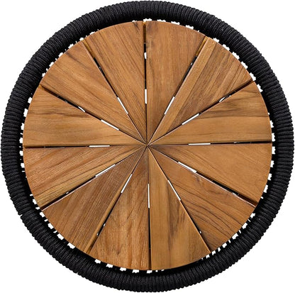 Merax Bohemian Round Outdoor Side Table with Acacia Wood Top and Black Handwoven Rope Base, Elegant Hourglass Design Patio Coffee Table for Garden, Pool, Deck, Balcony, Yard, 18.9" Height, No Assembly