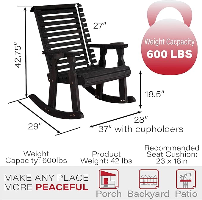 Amish Heavy Duty 600 Lb Roll Back Pressure Treated Rocking Chair with Cupholders (Semi-Solid Black Stain)