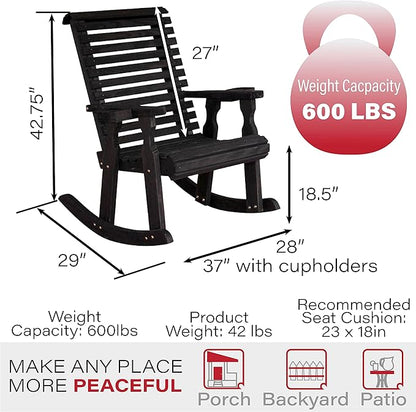 Amish Heavy Duty 600 Lb Roll Back Pressure Treated Rocking Chair with Cupholders (Semi-Solid Black Stain)