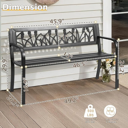 Black Garden Bench 49 inch Iron PVC, Outdoor Patio Bench, All-Weather Black Bench for Porch, Lawn, Backyard, Patio Park Outside Benches for Front Porch, Patio Seating Benchs