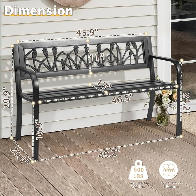 Outdoor Patio Bench 49 Inch, Black Cast Iron Garden Bench with Tulip Backrest, PVC Slat Porch Bench for Yard, Lawn, Deck, Entryway