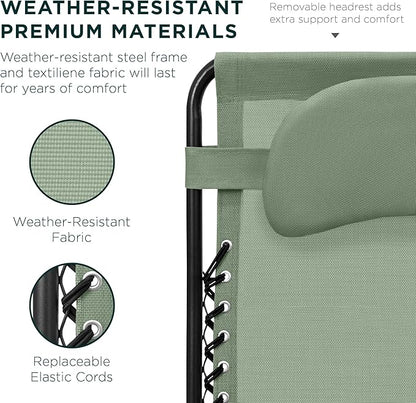 Best Choice Products Oversized Zero Gravity Chair, Folding Outdoor Patio Lounge Recliner w/Cup Holder Accessory Tray, Pillow - Sage Green