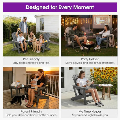 PURPLE LEAF Adirondack Chair Set of 4 HDPE All-Weather Outdoor Fire Pit Chair with 24.6" Oversized Seat Wood-Textured Patio Adirondack Chair with Dual Cup Holders for Garden Deck Backyard, Gray