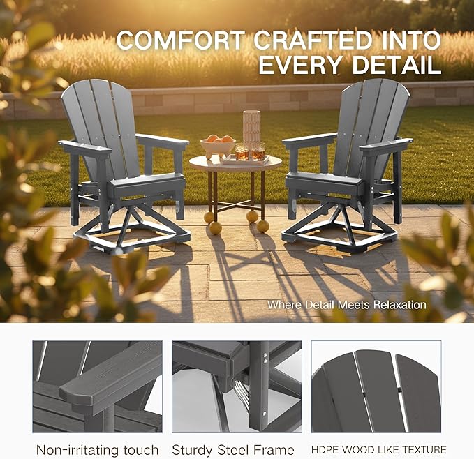 Kingdura Adirondack Swivel Glider Chair, HDPE Patio Glider Rocking Chair for Outdoor, All-Weather Glider Chair for Porch Balcony Lawn Poolside, 450LBS Capacity (Grey)