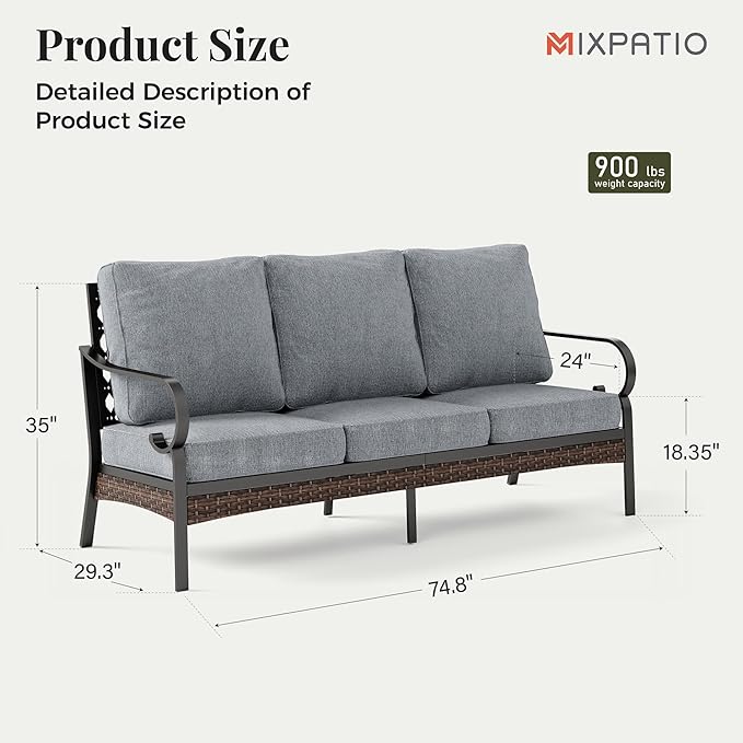 Patio Furniture Sofa, 3-Seat Patio Sofa Steel Frame Outdoor Sectional Couch with Deep Seating and 5.75” Cushions for - Photo 2