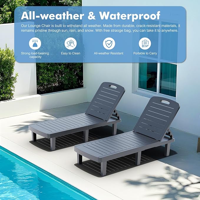 WACASA Outdoor Chaise Lounge Chairs Set of 2, Oversized Lounge Chairs with 5-Level Adjustable Backrest & Cup Holder, Resin Waterproof Pool Lounge Chair for Poolside, Patio, Beach, Yard, Black