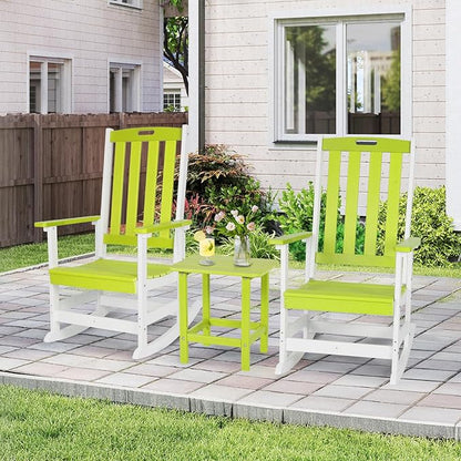 Aoodor Outdoor Rocking Chair, Ergonomic HDPE Rockers with All-Weather Design for Patio or Porch, Clashing Colors, Lemon Green and White,Set of 4