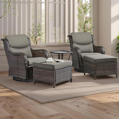Rilyson Wicker Patio Furniture Set - 5 Piece Rattan Outdoor Sectional Conversation Sets with 2 Swivel Rocking Chairs,2 Ottomans and 1 Side Table for Porch Deck Garden(Brown/Grey/Smile)