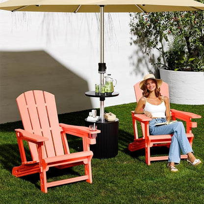 Adirondack Chairs Set of 2,Adirondack Chair with Cup Holder,Wooden Textured Plastic Fire Pit Chair,All-Weather Outdoor Patio Chairs for Lawn,Backyard Deck, Porch,400LBS Heavy-Duty,Orange