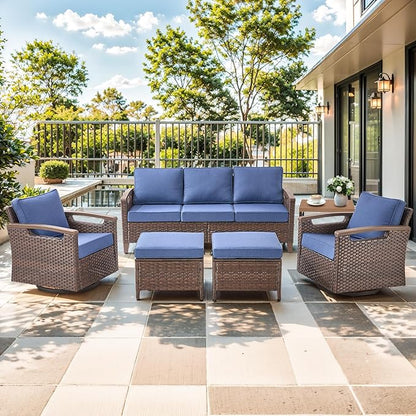 Luxury 6 Piece Heavy Duty Patio Furniture Set with Swivel Chairs - All Weather Wicker Comfort Thick Cushion Outdoor Conversation Set with 3 Seat Sofa & Ottoman for Porch Poolside Deck - Blue