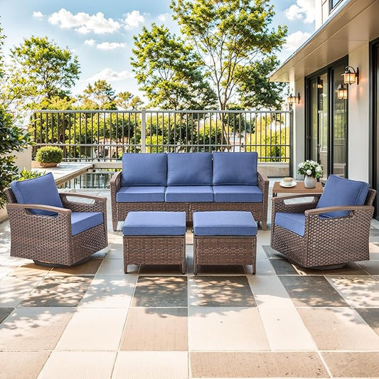 Luxury 6 Piece Heavy Duty Patio Furniture Set with Swivel Chairs - All Weather Wicker Comfort Thick Cushion Outdoor Conversation Set with 3 Seat Sofa & Ottoman for Porch Poolside Deck - Blue