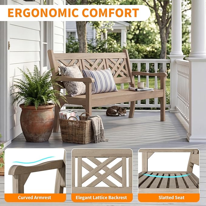 Psilvam 54''W All-Weather Poly Lumber Outdoor Bench, 3-Person Garden Bench with Decorative Backrest & Curved Armrests, Anti-Rot & Fade-Free Patio Bench for Porch, Backyard, and Park(Grey)