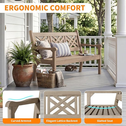 Psilvam 54''W All-Weather Poly Lumber Outdoor Bench, 3-Person Garden Bench with Decorative Backrest & Curved Armrests, Anti-Rot & Fade-Free Patio Bench for Porch, Backyard, and Park(Grey)