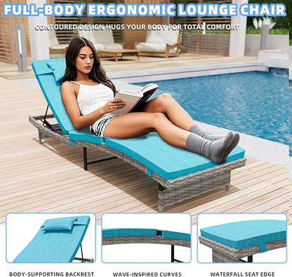 Long Reclining Chair Lounge Set (Set of 3), Modern Outdoor Patio Furniture with Adjustable Backrest & Side Table, Durable PE Wicker, Weather-Resistant Cushions, Blue