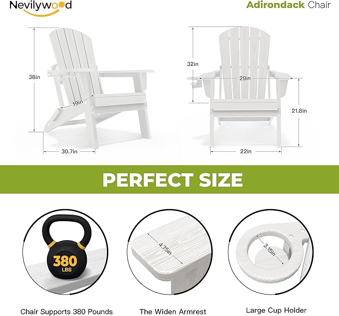 nevilywood HDPE Foldable Fire Pit Chairs Set of 2 with Cup Holders,Wood Grain Durable Design,Perfect for Patio,Backyard & Outdoor Gatherings, White