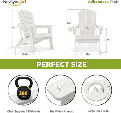 nevilywood Folding Adirondack Chair, Ergonomic Extended Backrest, HDPE All-Weather, 380lbs Capacity, Maintenance-Free, Cup Holder, （White）- Outdoor Patio & Firepit Chair