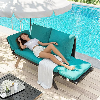 TAVATA Outdoor Convertible Sofa, Woven Rattan Loveseat Patio Furniture Couch with Adjustable Armrests, Removable Cushions & Pillows, Balcony Couch Daybed for Porch, Backyard, Deck, Poolside (Blue)