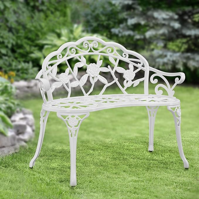 HOMEFUN Outdoor Bench, Patio Garden Benches Metal Loveseat White Cast-Aluminum Outside Furniture for Park Lawn Front Porch