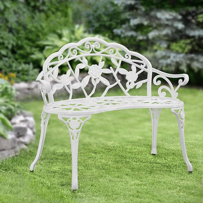 HOMEFUN Outdoor Bench, Patio Garden Benches Metal Loveseat White Cast-Aluminum Outside Furniture for Park Lawn Front Porch