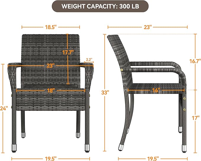Yaheetech Set of 2 Stackable Outdoor Rattan Dining Chairs, All-Weather Firepits Armchair w/Armrests, Steel Frame for Garden, Patio, Deck, Yard, Poolside, Gray