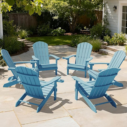 YEFU Adirondack Chairs Set of 6: Outdoor Chair HIPS Plastic Adirondack Chairs - Patio Chairs with Wood Texture - Lawn Fire Pit Deck Porch Garden Chairs for Adults (Blue)