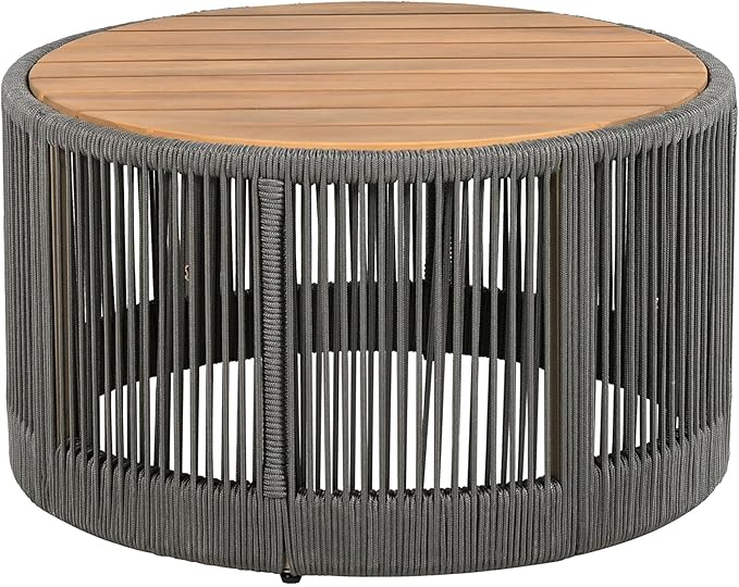 LUMISOL Rattan Rope & Acacia Wood Coffee Table for Outdoor, Patio Center Table with Wood Top, 26" Cocktail Table for Garden, Yard, Balcony, Teak+ Grey