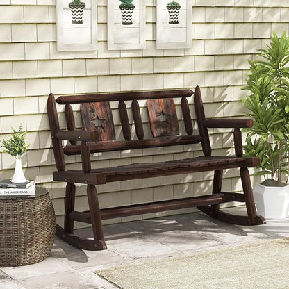 Tangkula Patio Rocking Bench, Carbonized Wood Double Rocker Chair with Ergonomic Seat, 2-Person Solid Wood Rocking Loveseat for Backyard, Porch, Garden, Rustic Farmhouse Style (1, Rustic Brown)