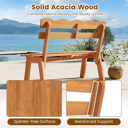 Tangkula Acacia Wood Outdoor Bench with Backrest, 2-Person Patio Garden Bench with Waved Backrest and Slatted Seat, 800 lbs Weight Capacity, Outside Loveseat for Front Porch, Balcony, Backyard, Park
