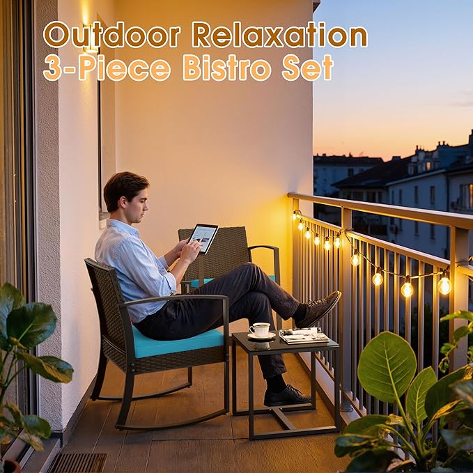 Greesum 3 Piece Patio Furniture Set, All-Weather Imitation Rattan Conversation Set, Outdoor Rocking Chair Bistro Set with Glass Top Coffee Table for Pool, Deck, Porch, Garden or Balcony, Blue