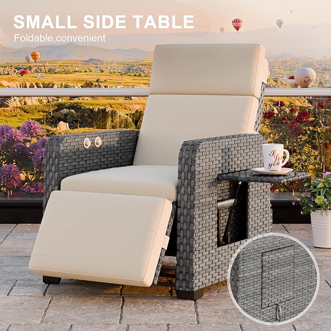 Restland Outdoor Recliner with Independent Adjustable Back & Footrest Wicker Patio Reclining Chair with Flip Table - Photo 8