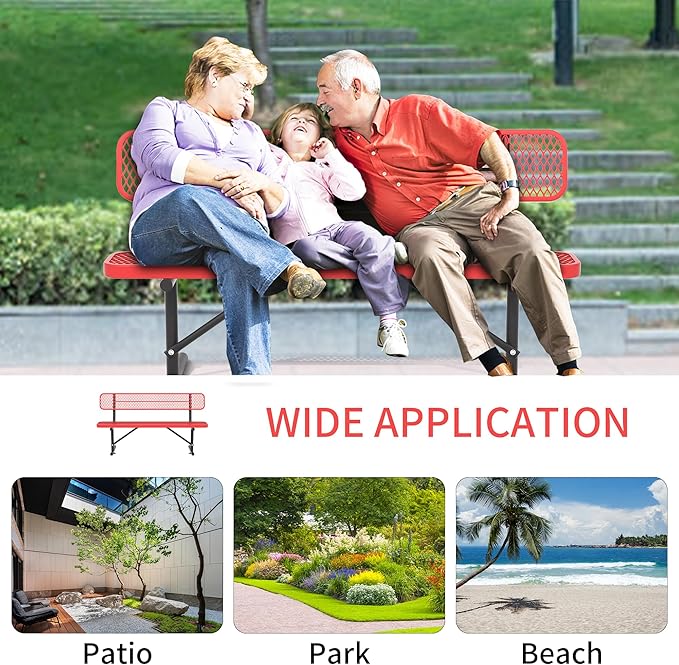6 Ft Metal Park Bench for Outside, All-Weather Thermoplastic Coating Outdoor Bench with Backrest, Commercial Heavy Duty Benches for Shopping Malls, Stores, Parks, Patios, Decks, Red