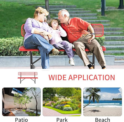 6 Ft Metal Park Bench for Outside, All-Weather Thermoplastic Coating Outdoor Bench with Backrest, Commercial Heavy Duty Benches for Shopping Malls, Stores, Parks, Patios, Decks, Red