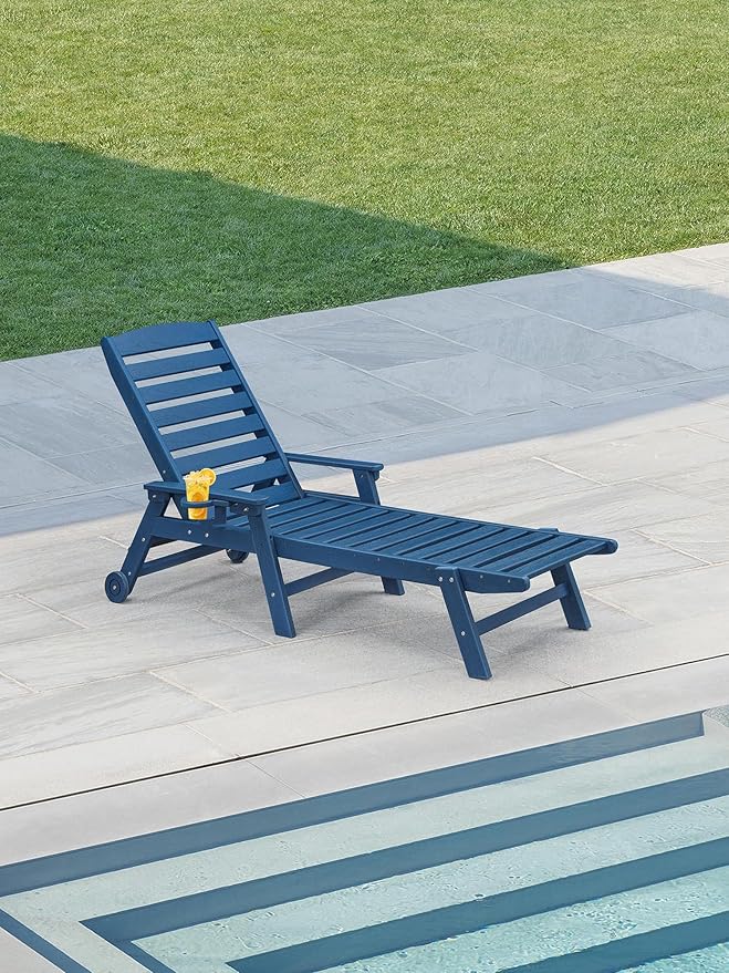 HDPE Patio Chaise Lounge Chair, 78.4'' Adjustable Outdoor Lounger with Wheels & Cup Holder, 5 Positions Poly Lounge Chairs, HDPE Outdoor Patio Lounge Chair for Outside, Deck, Beach, Navy