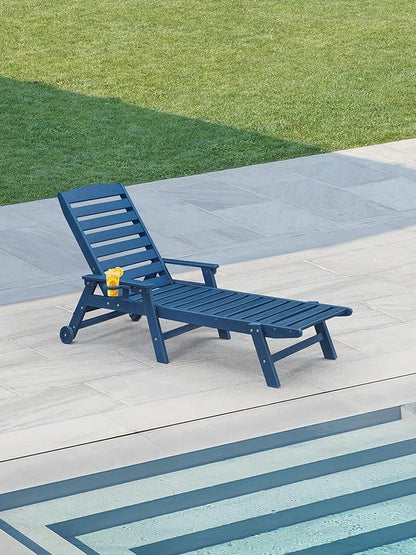HDPE Patio Chaise Lounge Chair, 78.4'' Adjustable Outdoor Lounger with Wheels & Cup Holder, 5 Positions Poly Lounge Chairs, HDPE Outdoor Patio Lounge Chair for Outside, Deck, Beach, Navy