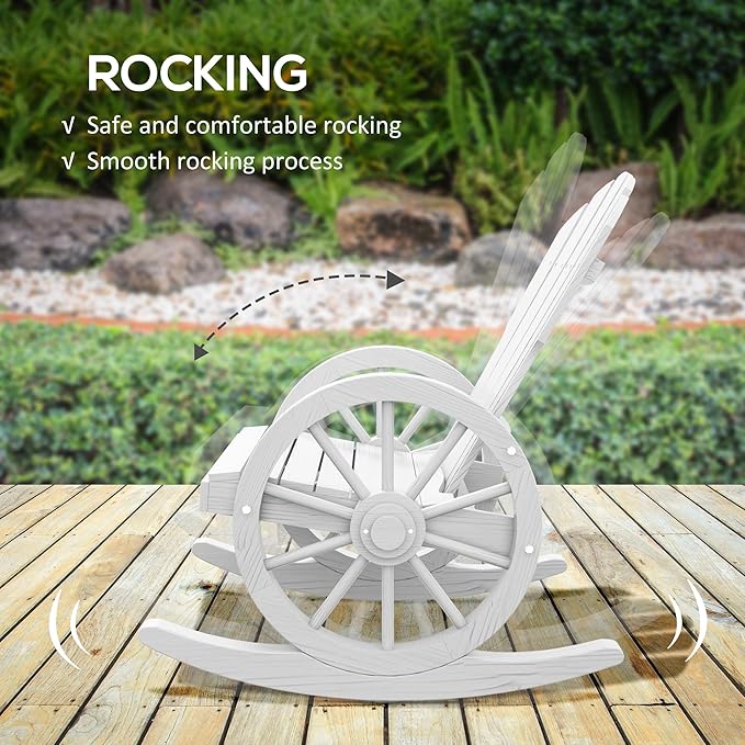 Outsunny Wooden Rocking Chair, Adirondack Rocker with Slatted Design and Oversized Back, Outdoor Rocking Chair with Wagon Wheel Armrest for Porch, Poolside, and Garden, White