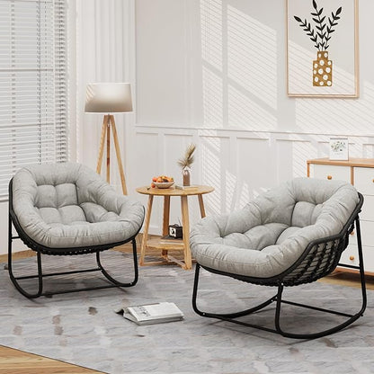 Oversized Rocking Chair Outdoor Set of 2, Rocking Papasan Chair, Patio Egg Chair with Padded Cushion, Outdoor Wicker Rocking Chair for Front Porch, Garden, Patio (Beige)