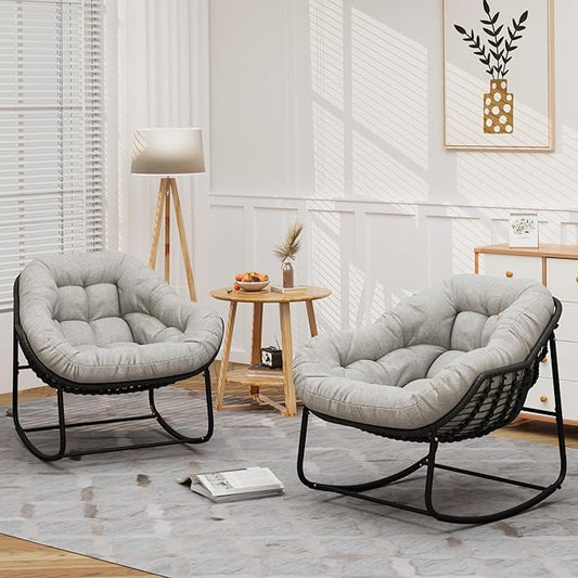 Oversized Rocking Chair Outdoor Set of 2, Rocking Papasan Chair, Patio Egg Chair with Padded Cushion, Outdoor Wicker Rocking Chair for Front Porch, Garden, Patio (Beige)