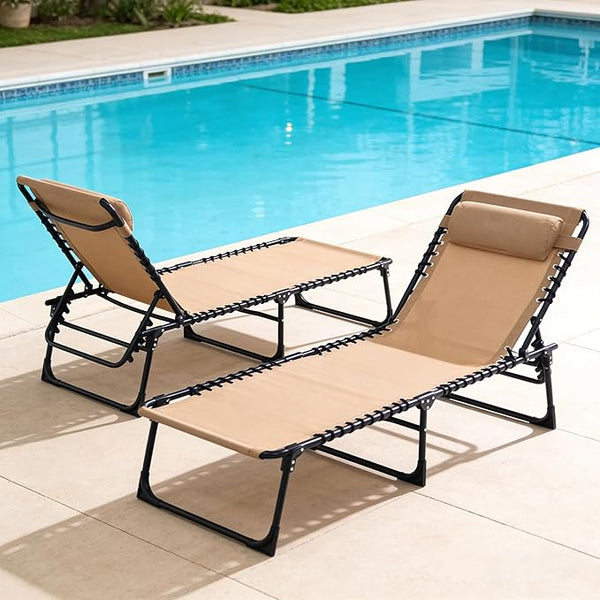 2 Pack Outdoor Folding Chaise Lounge 5-Position Adjustable Recliner 400LB Heavy Duty Portable Patio Camping Beach Chair - Photo 1